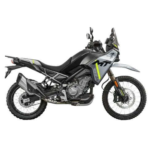Side profile of a lightweight 450cc adventure motorcycle available for rent in Almeria | Vista lateral de una moto trail ligera de 450cc disponible para alquiler en Almería