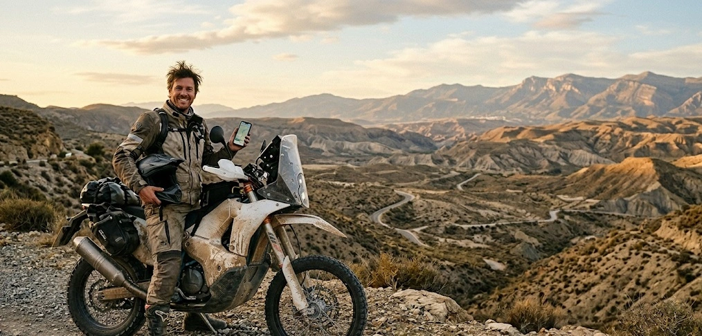 A friendly adventure motorcycle rider pauses at sunset on a dusted rally bike, holding his phone to take a call. Contact [Your Company Name] to book your tour. | Un piloto de moto trail sonriente hace una pausa al atardecer en una moto de rally polvorienta, sosteniendo su teléfono para recibir una llamada. Contacta con [Tu Nombre de Empresa] para reservar tu tour